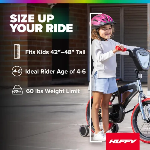 Vista 7 de Huffy Electro-Light Kid’s Bike with LED Lights, Durable Steel Frame, Coaster Brake, Removable Training Wheels, Ages 4-6, Grey/Red Gris/Rojo