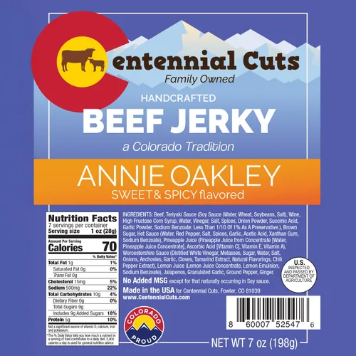 Vista 2 de Centennial Cuts Tasajo de res – 7 oz, Annie Oakley dulce y picante