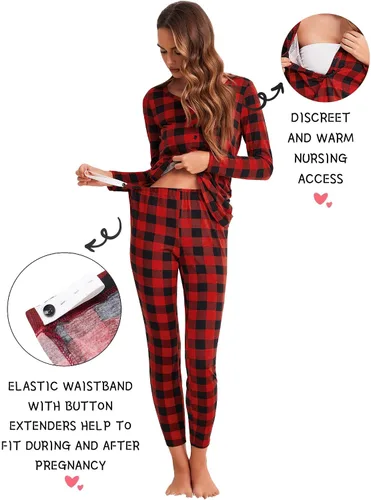 Vista 3 de Ekouaer Ropa interior térmica con botones para mujer, pijama de maternidad con forro polar de microfibra, conjunto de pijamas de invierno largo