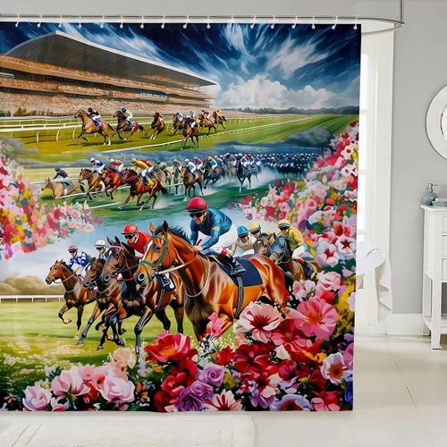 Vista 47 de Castle Fairy Watercolr - Cortina de ducha de tela de carreras de caballos, cortinas de ducha de juego de caballos para baño, cortina de ducha