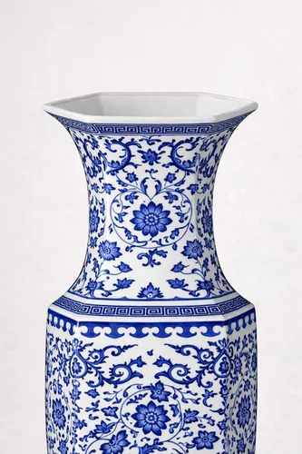 Vista 7 de 24" clásico azul y blanco hexagonal Lotus porcelana jarrón, jarrón de cerámica Jingdezhen, estilo Qing de China (D8)