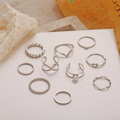 Vista 5 de Juego de 10 anillos apilables de nudillos vintage para mujer estilo bohemio chapado en oro plata ajuste cómodo VSCO anillo de dedo con junta