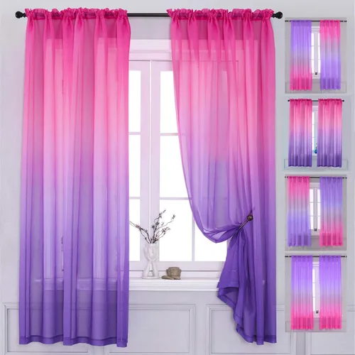 Vista 9 de Cortinas Yancorp traslúcidas de 2 paneles para dormitorio de 63 pulgadas de largo, cortinas de lino azulbeige ombre con bolsillo para barra