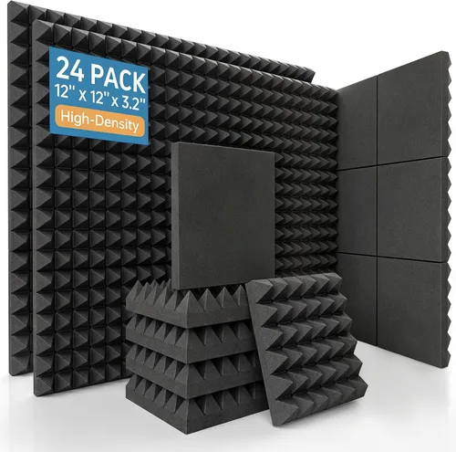 Vista 7 de Paquete de 24 paneles de espuma acústica piramidal, 12 x 12 x 2 pulgadas, color negro Retardante de llama, 66.1 lbs/m³ de alta densidad, 2