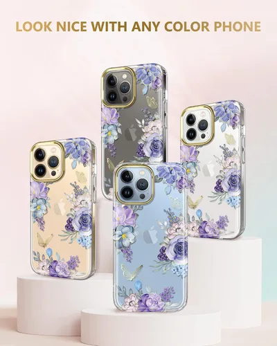 Vista 6 de Funda transparente compatible con iPhone 12 Pro iPhone 12 con purpurina y diseño de flores protectoras, a prueba de golpes, delgada, de poliuretano