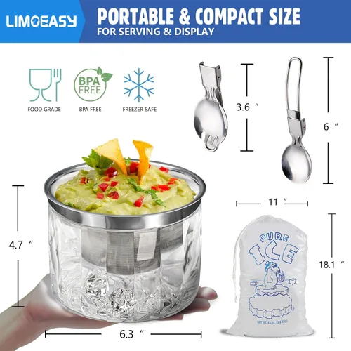 Vista 3 de LIMOEASY Paquete de 2 tazones pequeños refrigerados para servir, 25 onzas, cuenco enfriado con hielo para salsas con tapa para fiestas, plato