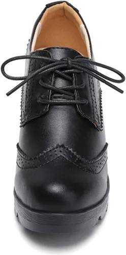 Vista 4 de DADAWEN - Zapatos clásicos de cuero para mujer, con cordones, de tacón medio cuadrado y grueso con plataforma y puntera, para pantalones oxford