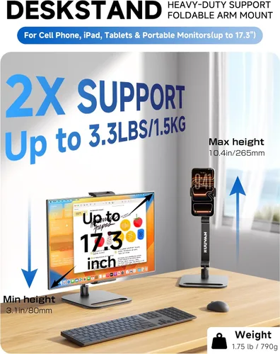 Vista 6 de Soporte para tableta para iPad, soporte de monitor portátil para 15.6 pulgadas, 17.3 pulgadas Aluminum Alloy Foldable Arm Mount with 360° Swivel