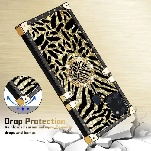 Vista 7 de Funda para teléfono Samsung Galaxy A21S con soporte de anillo, diseño retro elegante de lujo, estampado de leopardo, guepardo, dorado, protección