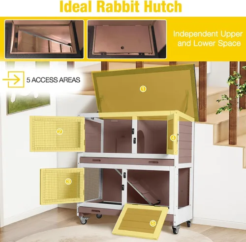 Vista 3 de Aivituvin Rabbit Hutch - Jaula para conejitos de interior para exteriores, casa de mascotas de 2 pisos, jaula de conejillo de indias con ruedas