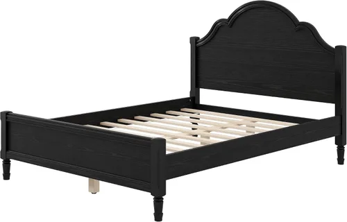 Vista 6 de Base de cama de plataforma de madera maciza tamaño Queen con cabecera de arco, base de listones resistente (negro - W, Queen)
