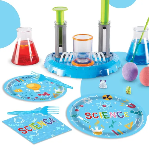 Vista 5 de Platos de cumpleaños de ciencia de 96 piezas, suministros y decoraciones para fiestas de ciencia