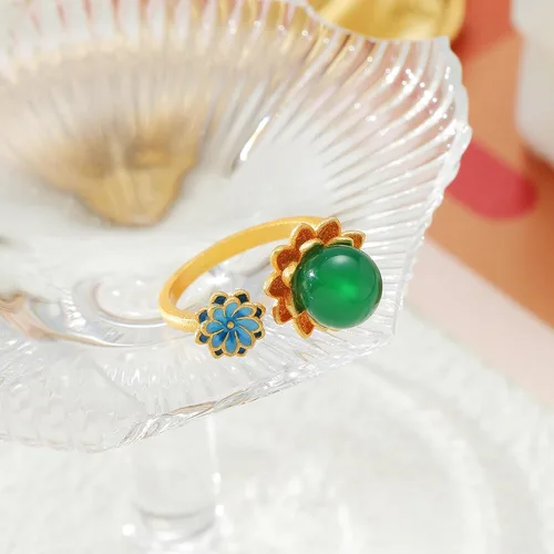 Vista 8 de Anillos de jade de loto chino para mujer, anillo étnico ajustable de apertura, Esmalte, No