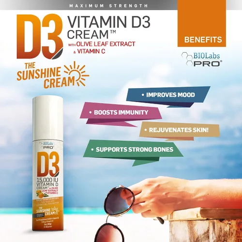 Vista 2 de BIOLABS PRO Crema natural de vitamina D3 de 15000 UI de vitamina D, máxima fuerza, combate la deficiencia de vitamina D de forma natural