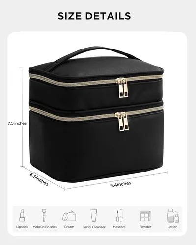 Vista 4 de HBlife Bolsa de maquillaje de viaje de doble capa, portátil, bonita bolsa de cosméticos de cuero, bolsa de maquillaje grande, estuche organizador