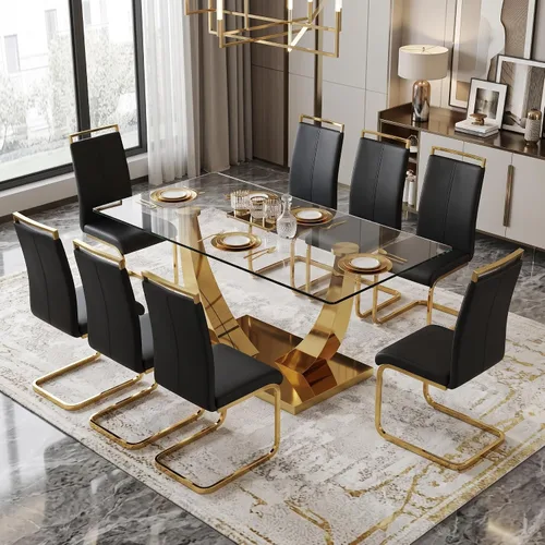 Vista 39 de Juego de mesa de comedor blanca para 6, 71 pulgadas, juego de mesa de comedor de mármol sintético para 6 Modern Dining Table Set for 6, Black PU