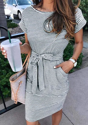Vista 2 de MEROKEETY - Vestido de verano con manga corta, a rayas, casual, estilo camiseta, con lazo en la cintura y bolsillos, para mujer