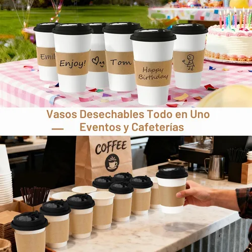 Vista 9 de Paquete de 50 Tazas de Café de 16 oz con Tapas y Fundas, Pajitas, Vasos de Papel Desechables Calientes Para Llevar de Viaje a Granel para Oficina