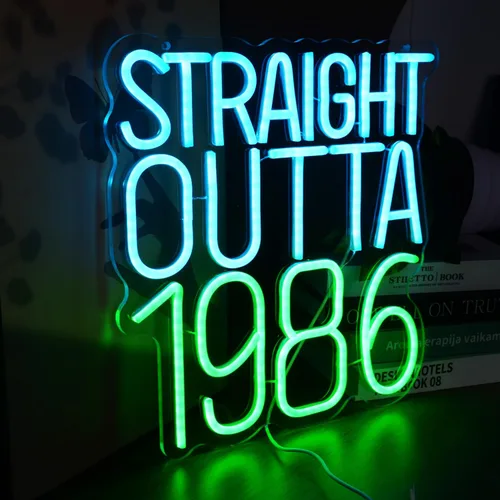 Vista 4 de Straight Outta - Letreros de neón de 1986 con texto en inglés "Happy Birthday", lámpara brillante para 40 años, 40 años, luces de neón retro