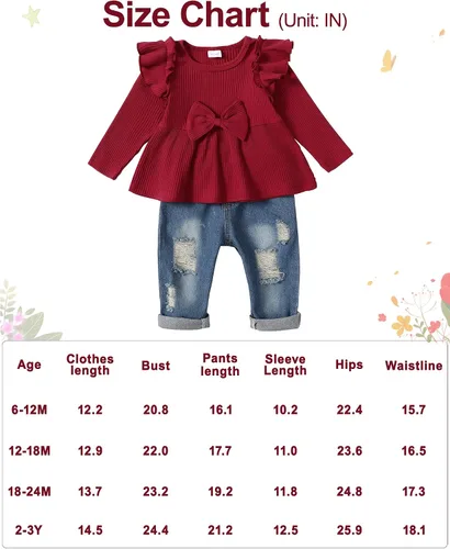Vista 6 de YALLET Conjunto de ropa de bebé niña con volantes y pantalones de mezclilla rasgados
