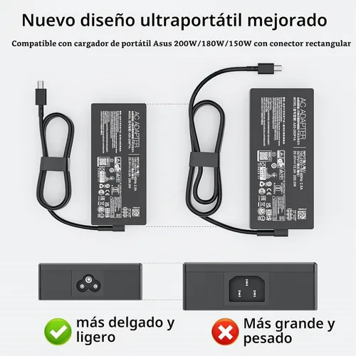 Vista 7 de Cargador de portátil para juegos de 200W 10A para ASUS ROG Zephyrus TUF Carga rápida de 20 V 10 A Potencia estable para juegos Control de Negro
