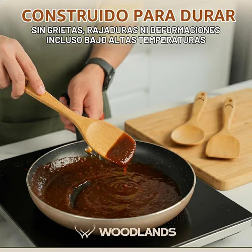 Vista 8 de Prime - Juego de 3 cucharas de madera de bambú para cocinar, utensilios de cocina de madera con mango largo, incluye cuchara plana de madera