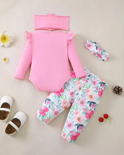 Vista 35 de SUNNY PIGGY Ropa para bebé recién nacida, con volantes, mameluco de algodón floral, conjunto de pantalones de algodón para niñas