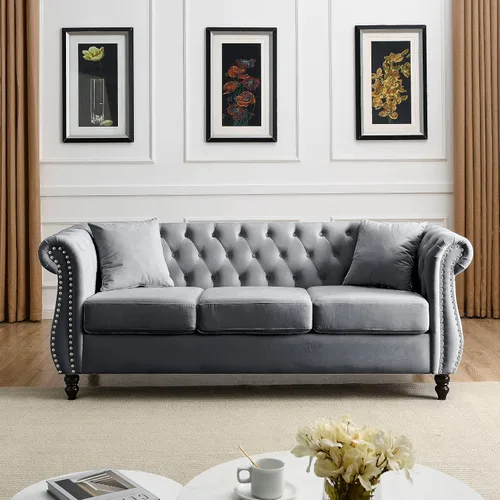 Vista 25 de Juego de Sofá Combinado de Terciopelo Chesterfield de 2 Piezas para Sala de Estar, Sofá de 3 Plazas y Loveseat con Tapizado Capitoné con 4