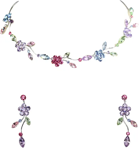 Vista 62 de Faship - Juego de collar y aretes con cristales de imitación florales AB