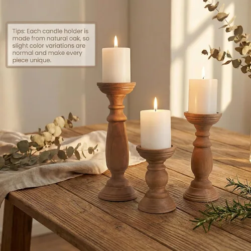 Vista 4 de Juego de 3 portavelas de pilar de madera rústica de 12, 9 y 6 pulgadas, soporte de velas de madera estilo granja para centros de mesa, candelabros