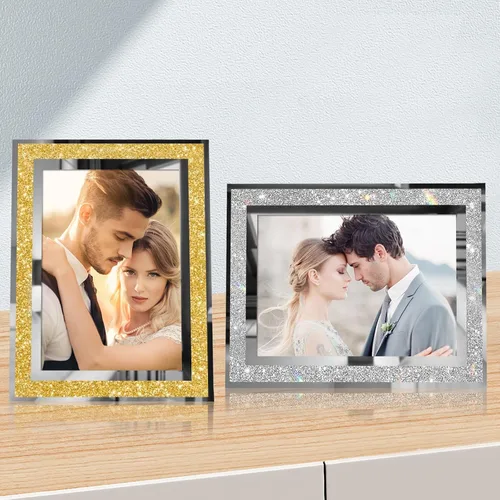 Vista 6 de Egofine Juego de 4 marcos de fotos de 4 x 6 pulgadas, marcos de fotos de cristal plateado para boda, para exhibición de mesa vertical u