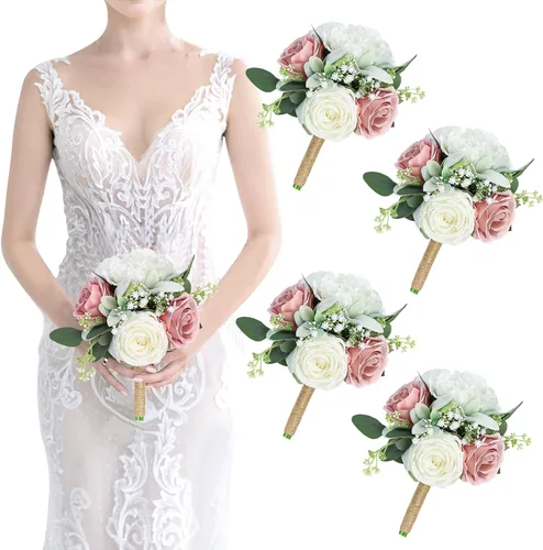 Vista 25 de Ramo de dama de honor artificial para boda, ramo de flores de seda prefabricadas de 7 pulgadas, ramo de flores pequeñas para dama de honor