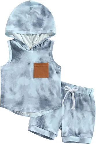 Vista 11 de Conjunto de ropa de verano para bebés y niños pequeños, a rayas, liso/teñido anudado, sin mangas, sudadera con bolsillo y pantalones cortos