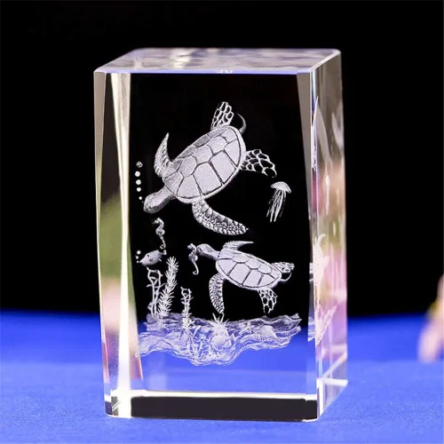 Vista 2 de Figura de tortuga marina de cristal de cristal, adorno grabado con láser 3D, escultura y estatua, grabado en cubo de cristal de animal con caja