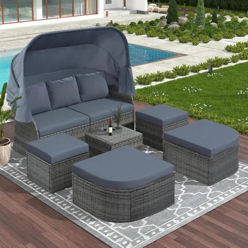 Vista 14 de Sofá cama redondo de ratán al aire libre con toldo retráctil y mesa de centro elevadora, muebles de patio, juego de sofá para piscina Garde