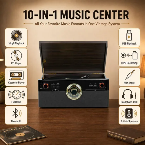 Vista 2 de Reproductor de discos todo en uno con reproductor de CD y cassette, grabación MP3 directa a USB, Bluetooth, radio FM, tocadiscos de 3 velocidades