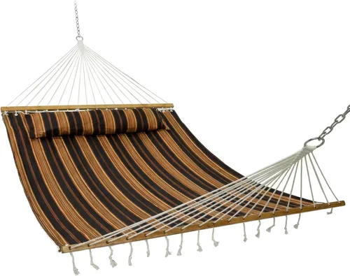 Vista 14 de Sunnydaze - Hamaca doble acolchada para exterior con almohada, toldo a Awning Stripe
