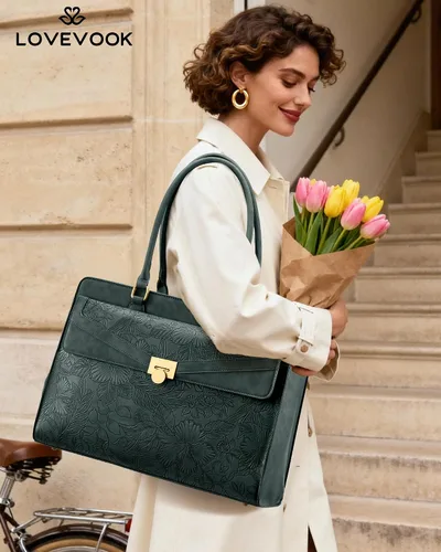 Vista 2 de LOVEVOOK Bolso de lona para laptop para mujer - Bolso de trabajo vintage de cuero PU, bolso de negocios para maestra resistente al agua