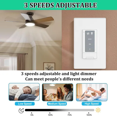 Vista 5 de Ventilador de techo de 3 velocidades con control remoto e interruptor de atenuación Combinación 2 en 1 de luz y control de pared, compatible