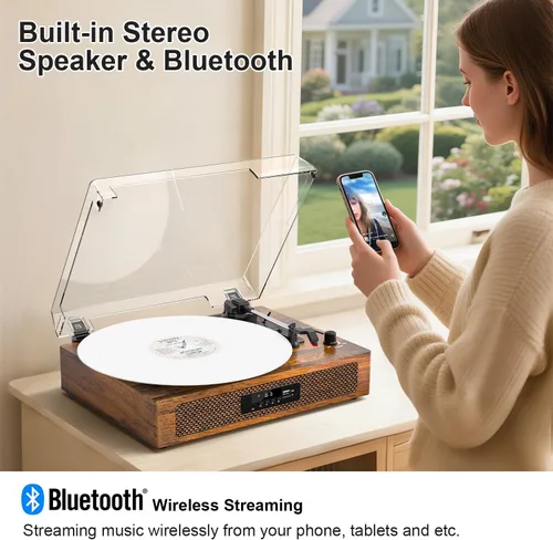 Vista 5 de Reproductor de discos de vinilo de tamaño extendido con reproducción Bluetooth, altavoces integrados, grabación USB, pantalla LED, tocadiscos