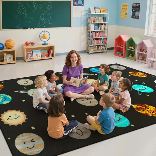 Vista 4 de STARUIA Alfombra de aula con cara sonriente de planeta, 5 x 7.6 pulgadas, alfombra educativa circular para aula, preescolar, guardería, alfombra
