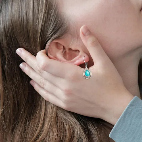 Vista 235 de Aretes colgantes de plata de ley con diseño de árbol de la vida, flor, abeja, animales, gato, colibrí, piedra lunar, turquesa, aretes con cierre