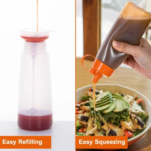 Vista 5 de Botellas exprimibles de condimentos de boca ancha, paquete de 2 botellas exprimibles con tapas de tapa y embudo para salsa de tomate, salsas