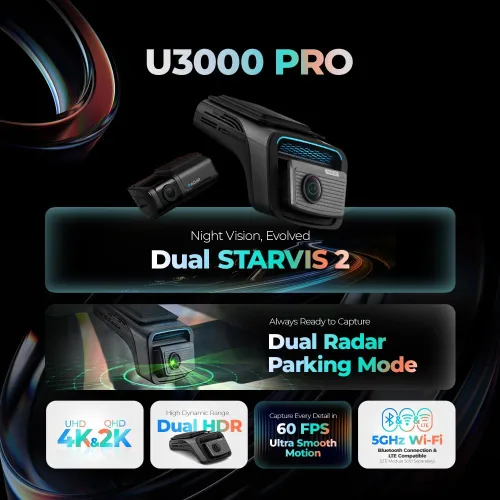 Vista 2 de Thinkware 4K Cámara de tablero dual U3000 PRO, frontal y trasera con Sony STARVIS 2, estacionamiento por radar, visión nocturna súper 4.0, Wi‑Fi