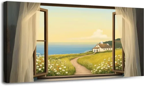 Vista 6 de Arte de pared costero vintage de 30 x 60 pulgadas, paisaje de ventana, granja, paisaje, naturaleza, pintura cálida, impresión sobre lienzo, arte