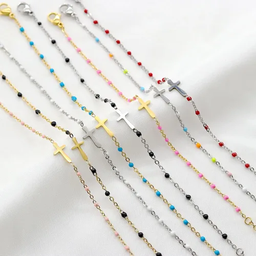 Vista 2 de Pulsera de Cuentas con Cruz Chapada en Oro de 14K para Mujeres, Pulsera de Acero Inoxidable Ajustable con Cruz de Fe Religiosa, Pulsera de Cadena
