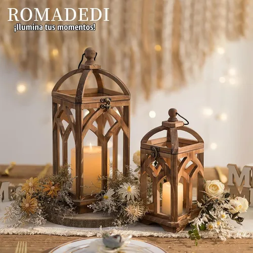 Vista 8 de Romadedi Farol de vela de madera de granja, juego de 2 candelabros decorativos de madera rústica, decoración del hogar, mesa de boda, centro