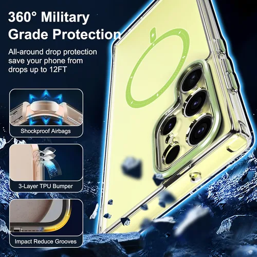 Vista 3 de Funda Magnética para Samsung Galaxy S24 Ultra Compatible con MagSafe, Cristal Transparente Anti-Amarilleamiento a Prueba de Golpes Parachoques Funda