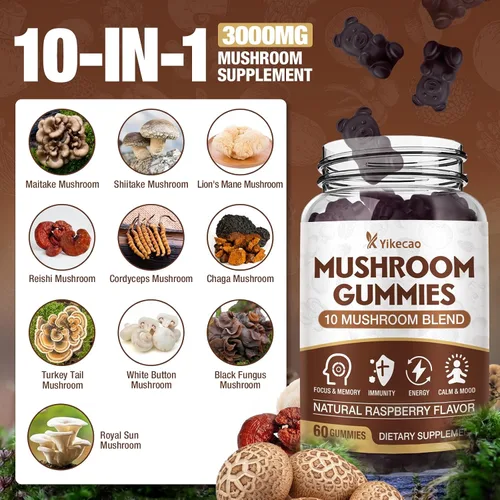 Vista 3 de Gomitas de hongos para adultos, suplemento de 10 mezclas de hongos con melena de león, cordyceps, reishi, chaga y cola de pavo para concentración