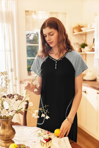 Vista 3 de Ekouaer Camisón largo para mujer, ropa de descanso, manga corta, ropa de dormir, camisa de dormir de longitud completa con bolsillos
